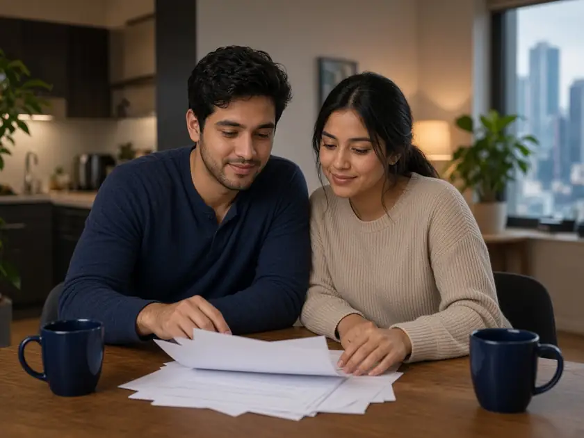 Una pareja joven revisa papeles en la cocina