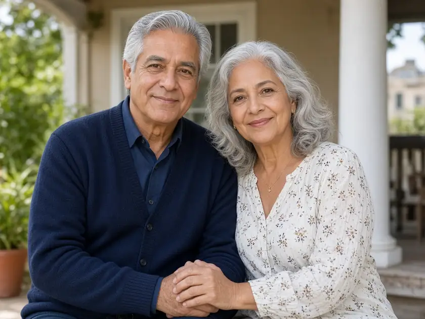 Una pareja mayor en el porche de su casa