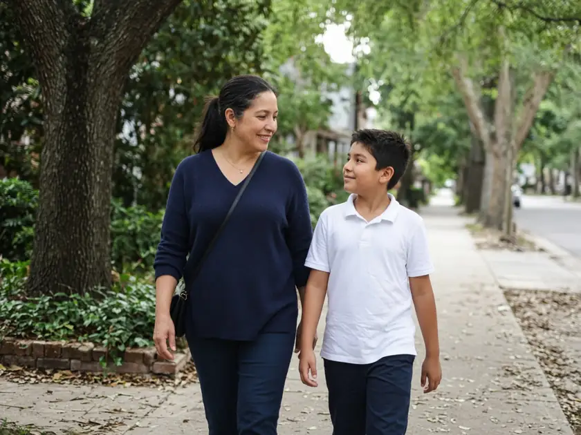 Una madre y su hijo caminan juntos